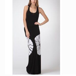 Black White Tie Dye Maxi Dress Large Open Back Bodycon Racerback Boho Stretch Ma
